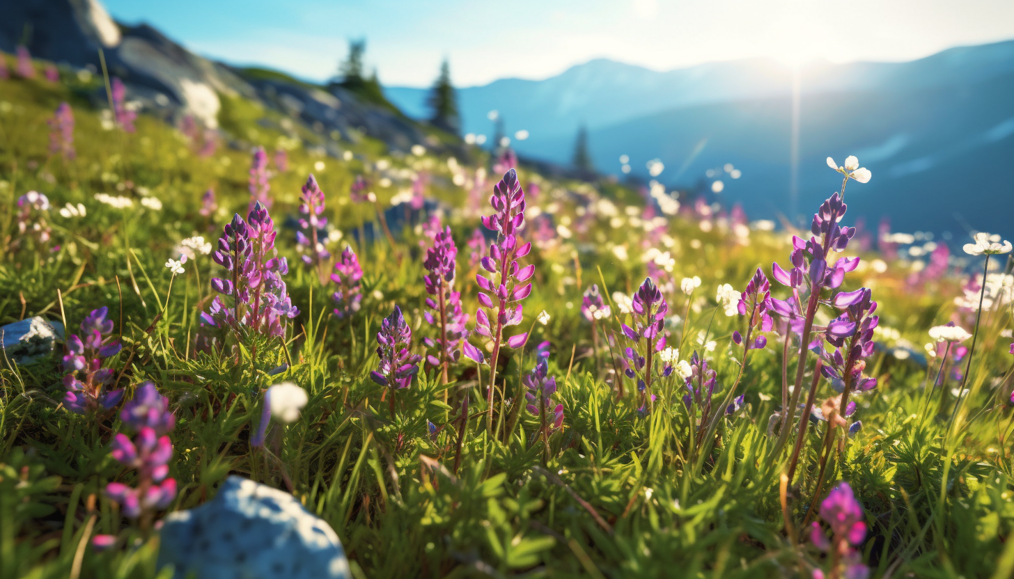 Patches of delicate wildflowers blooming in an alpine meadow.