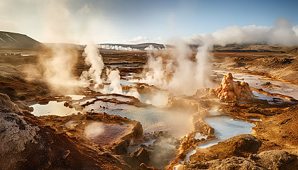 Steaming geysers erupting in a rugged geothermal landscape.