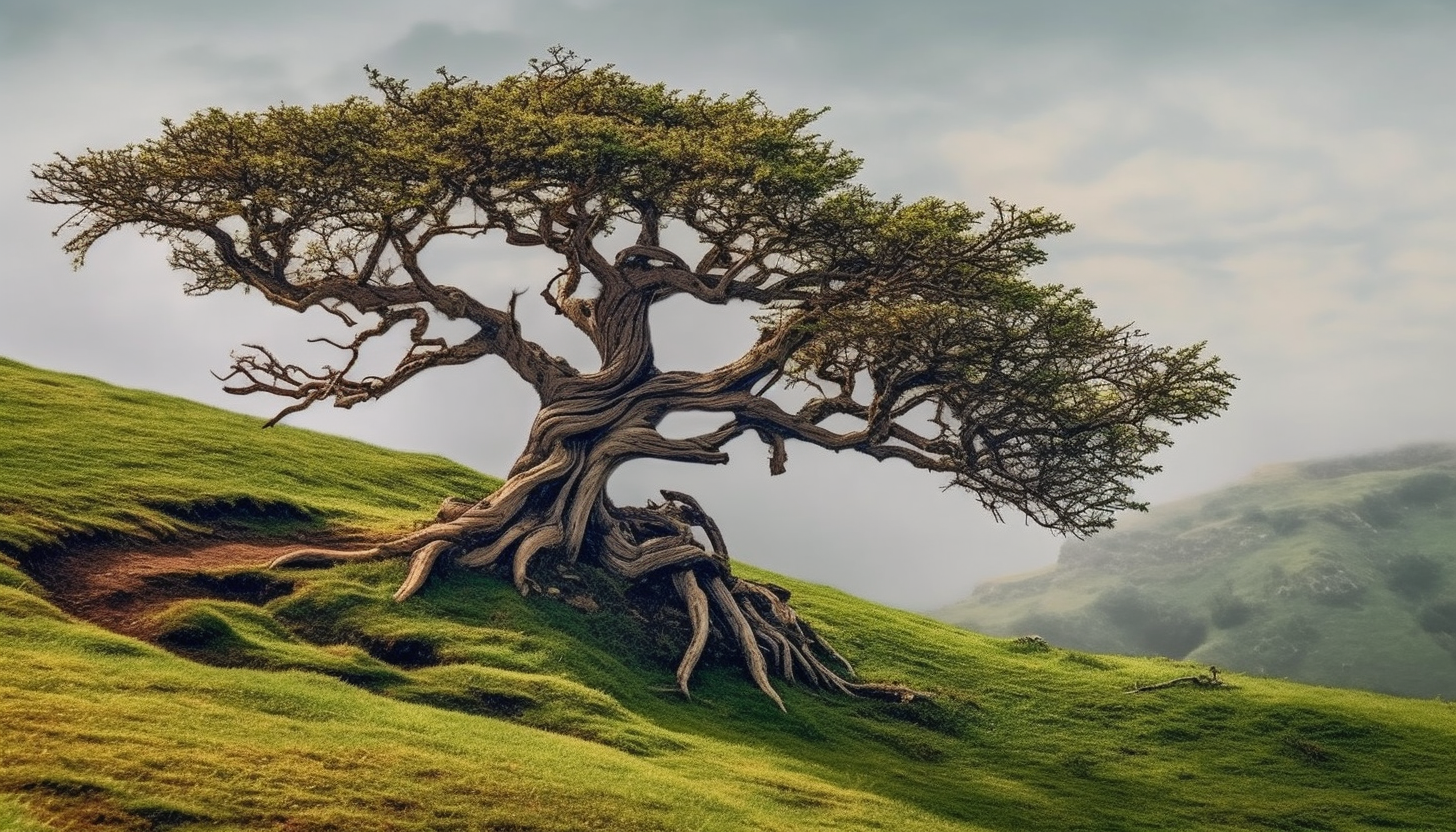 An ancient, gnarled tree standing alone on a rolling hill.