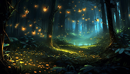 Fireflies illuminating a dark forest with their gentle glow.