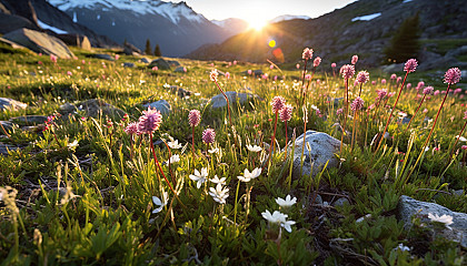 Patches of delicate wildflowers blooming in an alpine meadow.