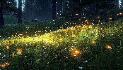 Fireflies glowing in a lush, summer meadow at dusk.