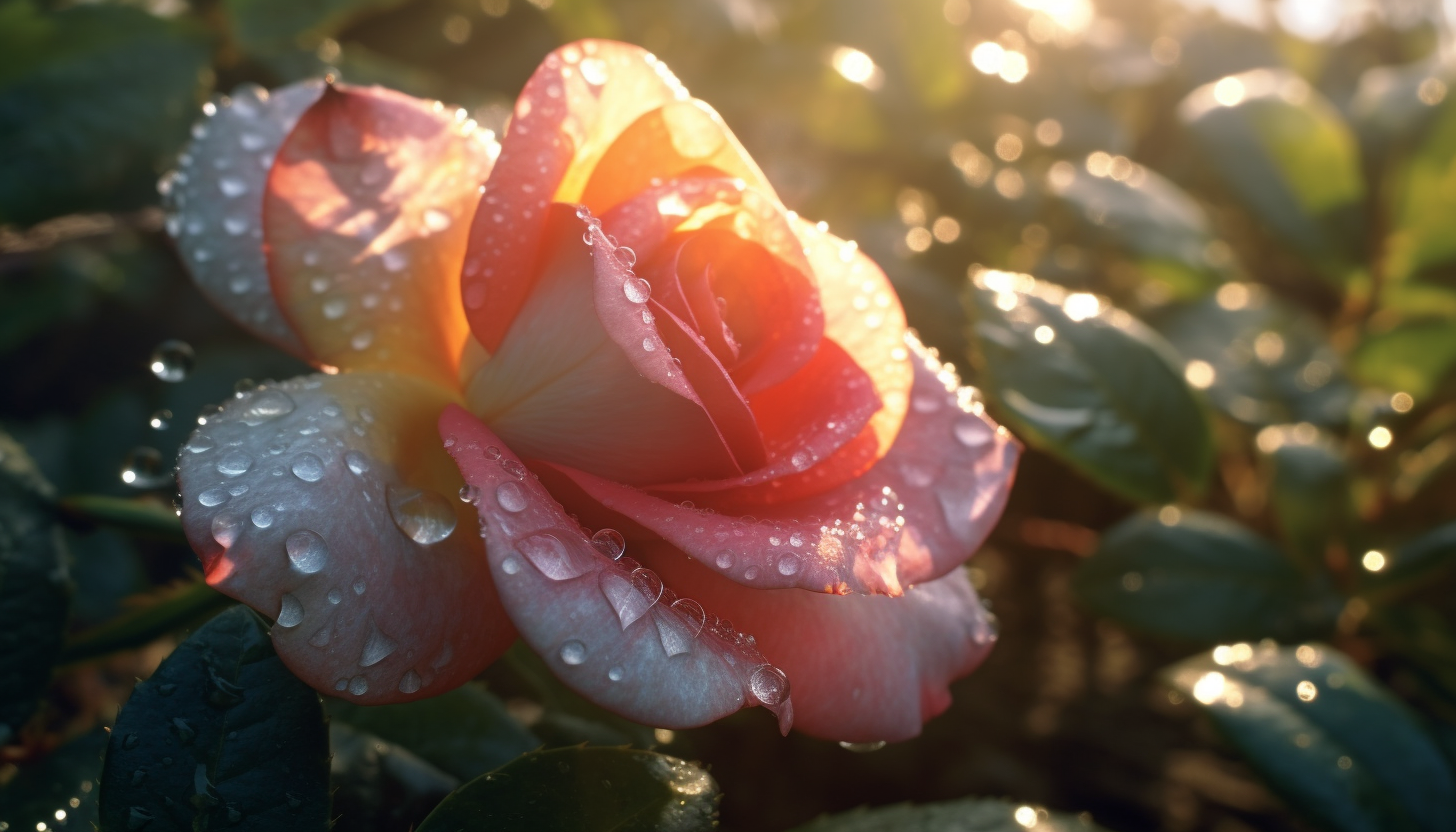 Dewdrops sparkling on the petals of a rose in the early morning light.