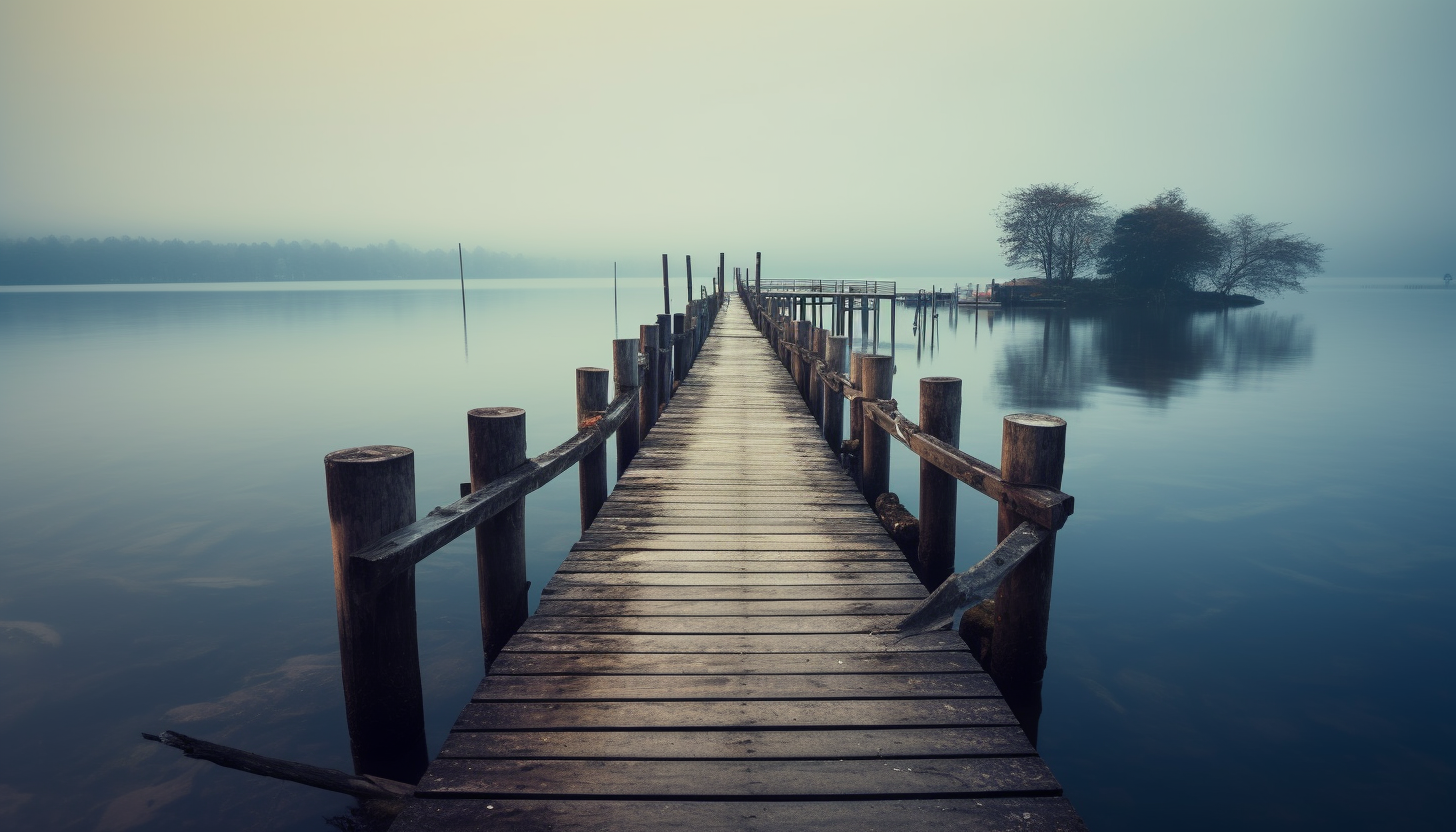 An old wooden jetty extending into a serene lake.