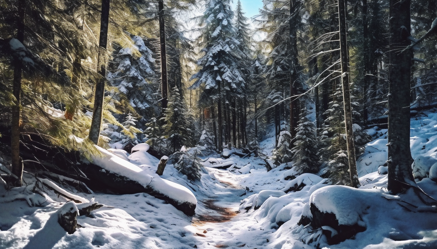 Fresh snowfall covering a quiet alpine forest.