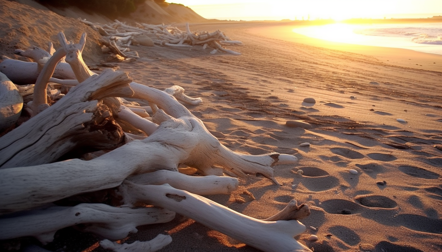 Sun-bleached driftwood scattered along a sandy beach.