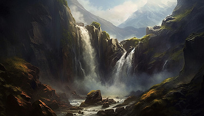 A thunderous waterfall cascading down a steep mountain face.