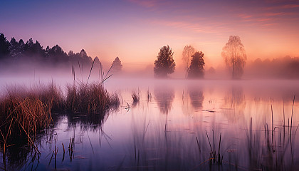 Wisps of fog hovering over a tranquil lake at dawn.