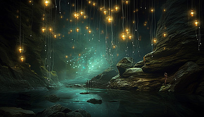 A constellation of glowworms illuminating a dark cave.