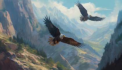 Majestic eagles soaring above a rugged canyon.