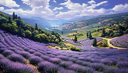 A hillside teeming with lavender in bloom, stretching as far as the eye can see.