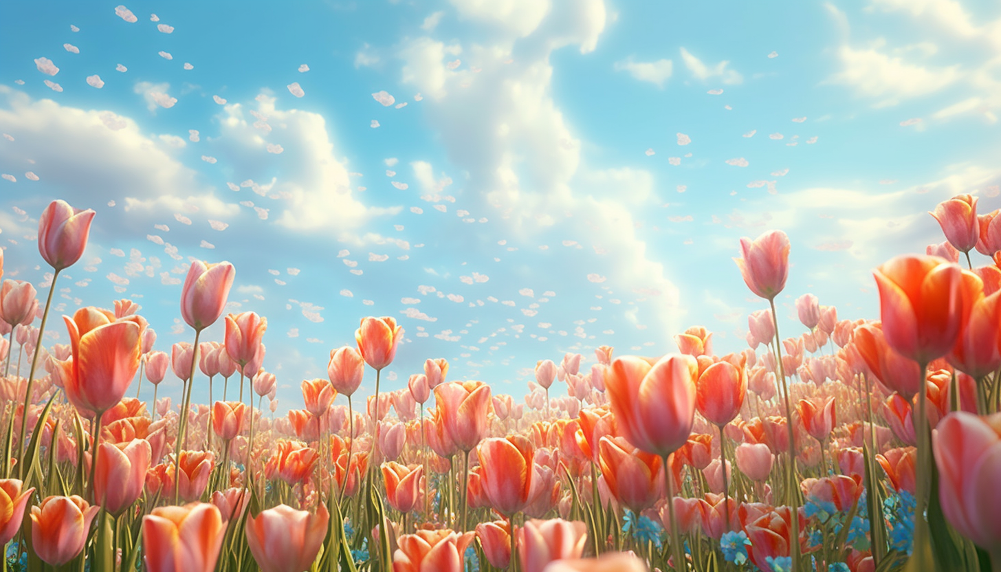 A field of tulips swaying under a breezy sky.