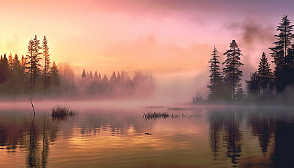 A misty lake reflecting the colors of an early sunrise.