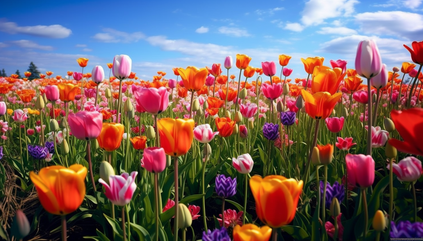 A cluster of vibrant tulips in a spring field.