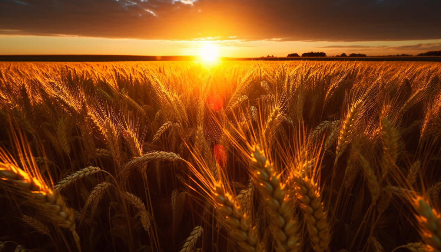 The glow of a setting sun against a field of ripe wheat.