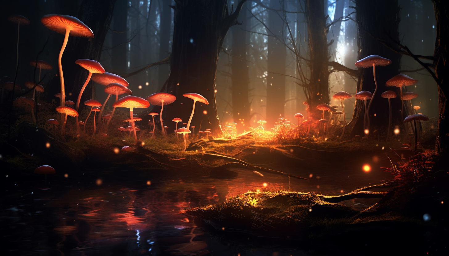 Mushrooms glowing in the dark depths of a primeval forest.