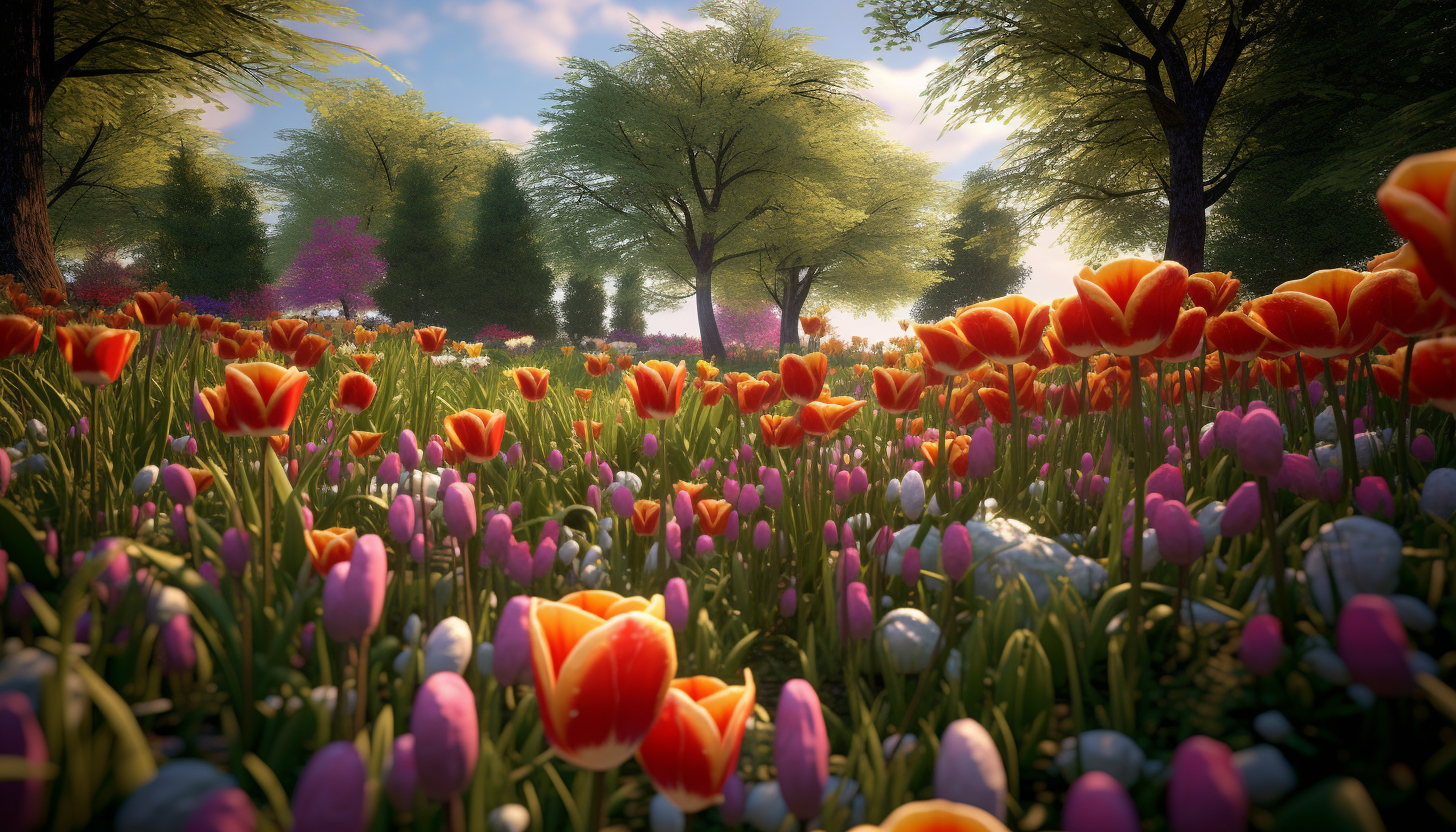 A cluster of vibrant tulips in a spring field.