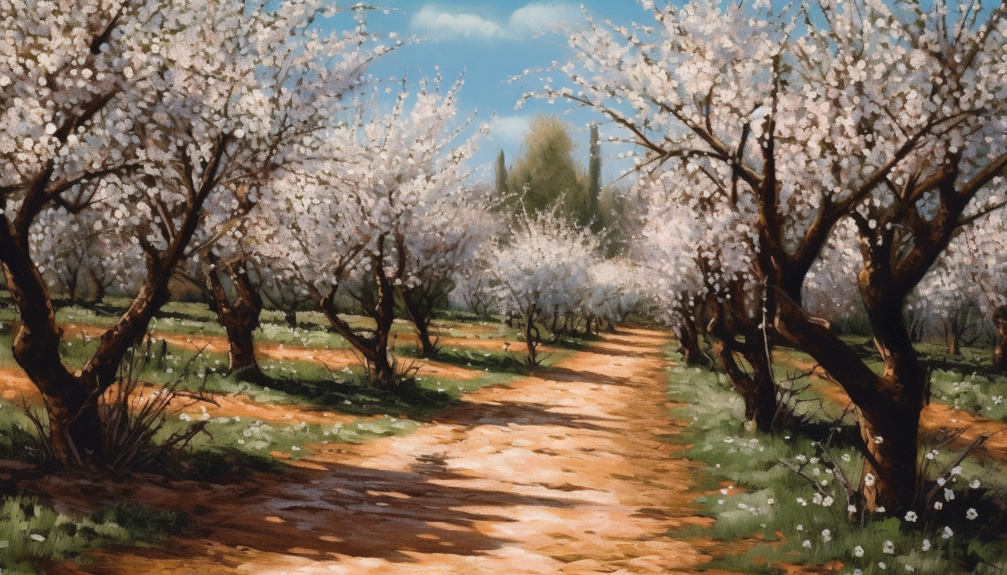 A grove of blossoming almond trees in early spring.