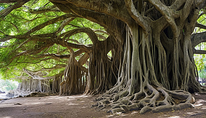 An ancient banyan tree with sprawling roots and branches.