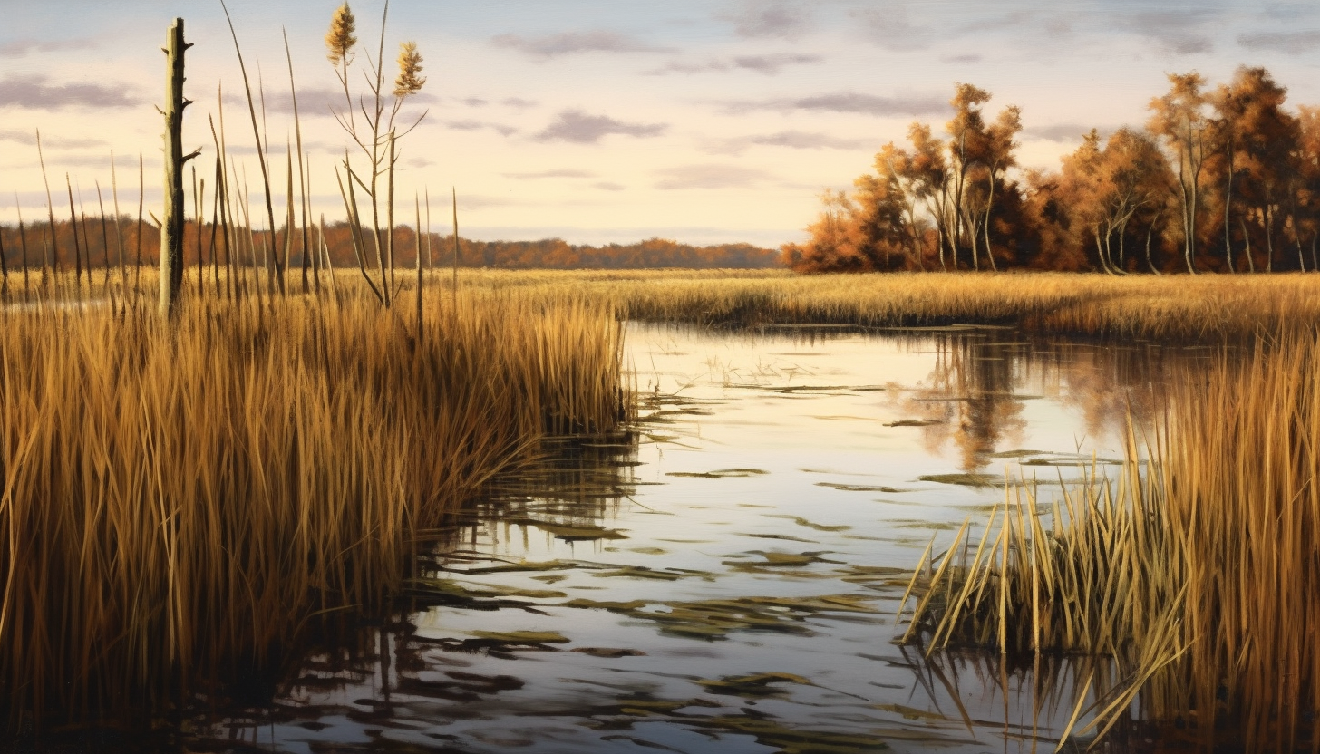 A quiet marsh filled with reeds, with a mirror-like surface reflecting the sky.