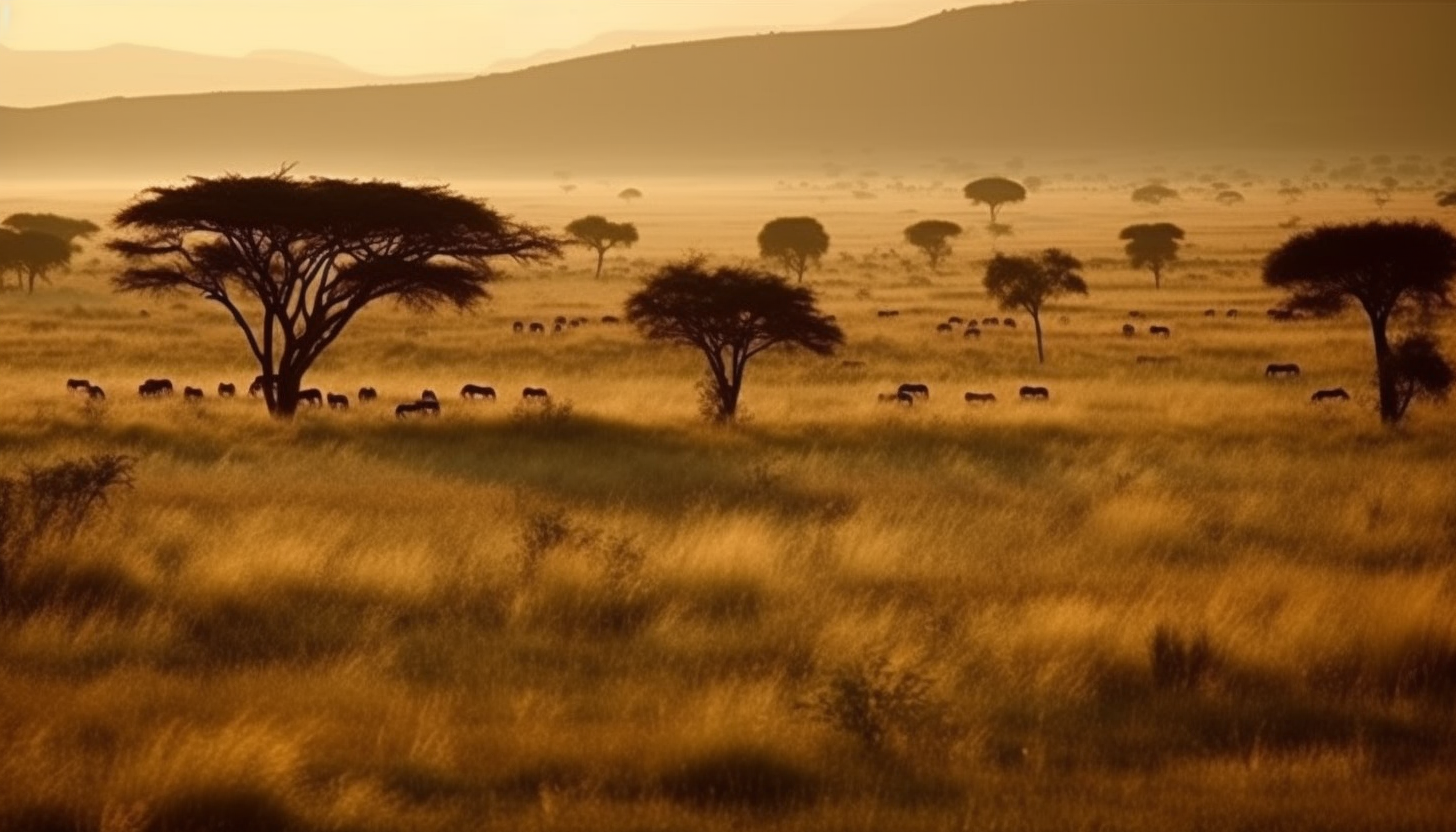 Sweeping savannah landscapes with distinctive acacia trees and grassy plains.