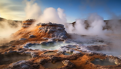 Spectacular fumaroles venting steam in a geothermal field.