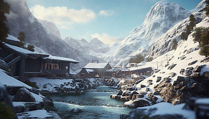 Secluded natural hot springs nestled in snow-covered mountains.