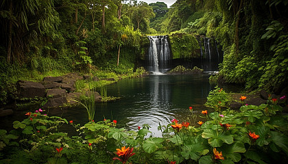 Serene waterfalls surrounded by lush vegetation and vibrant flowers.