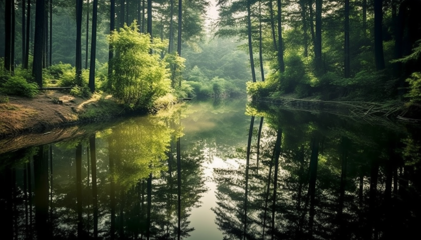 A quiet pond reflecting a perfect mirror image of the surrounding forest.