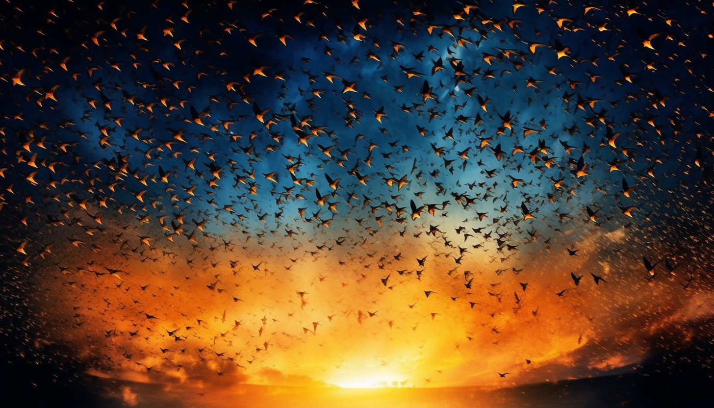 A murmuration of starlings creating fluid shapes in the sky.