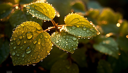 Dew-kissed leaves shimmering in the morning sunlight.