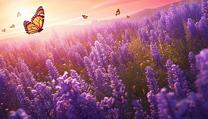 Butterflies flocking around a field of blooming lavender.