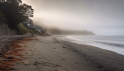 Fog rolling in over a peaceful, deserted beach.