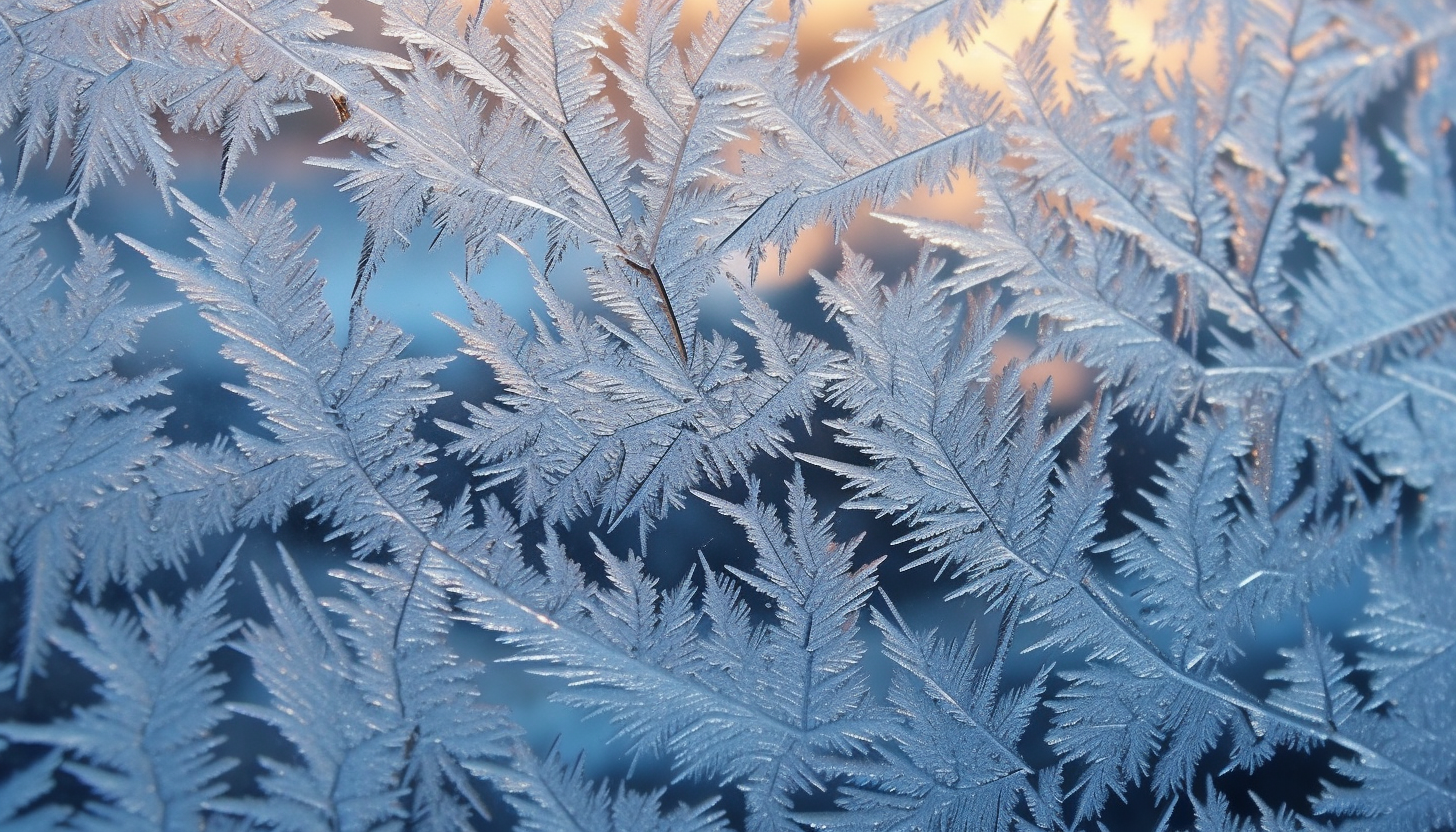 A delicate frost pattern on a windowpane in the winter.