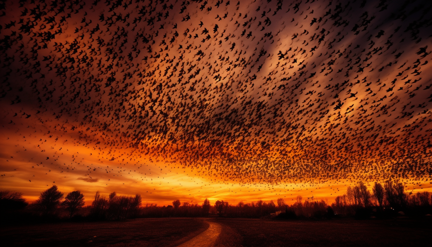 A murmuration of starlings creating patterns in the evening sky.