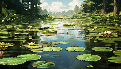 A serene pond filled with blooming water lilies.