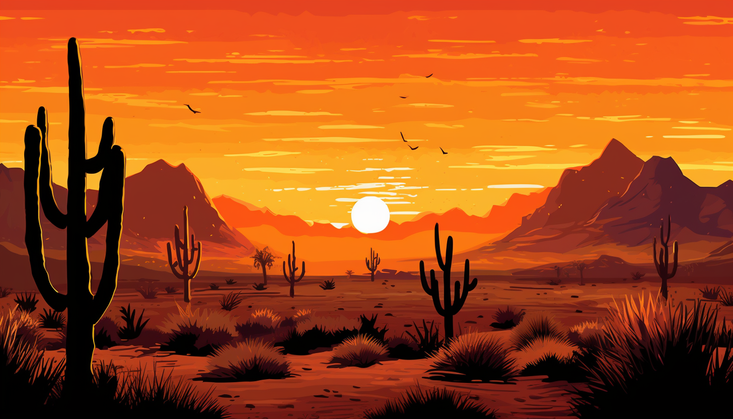 Silhouettes of cacti against a breathtaking desert sunset.