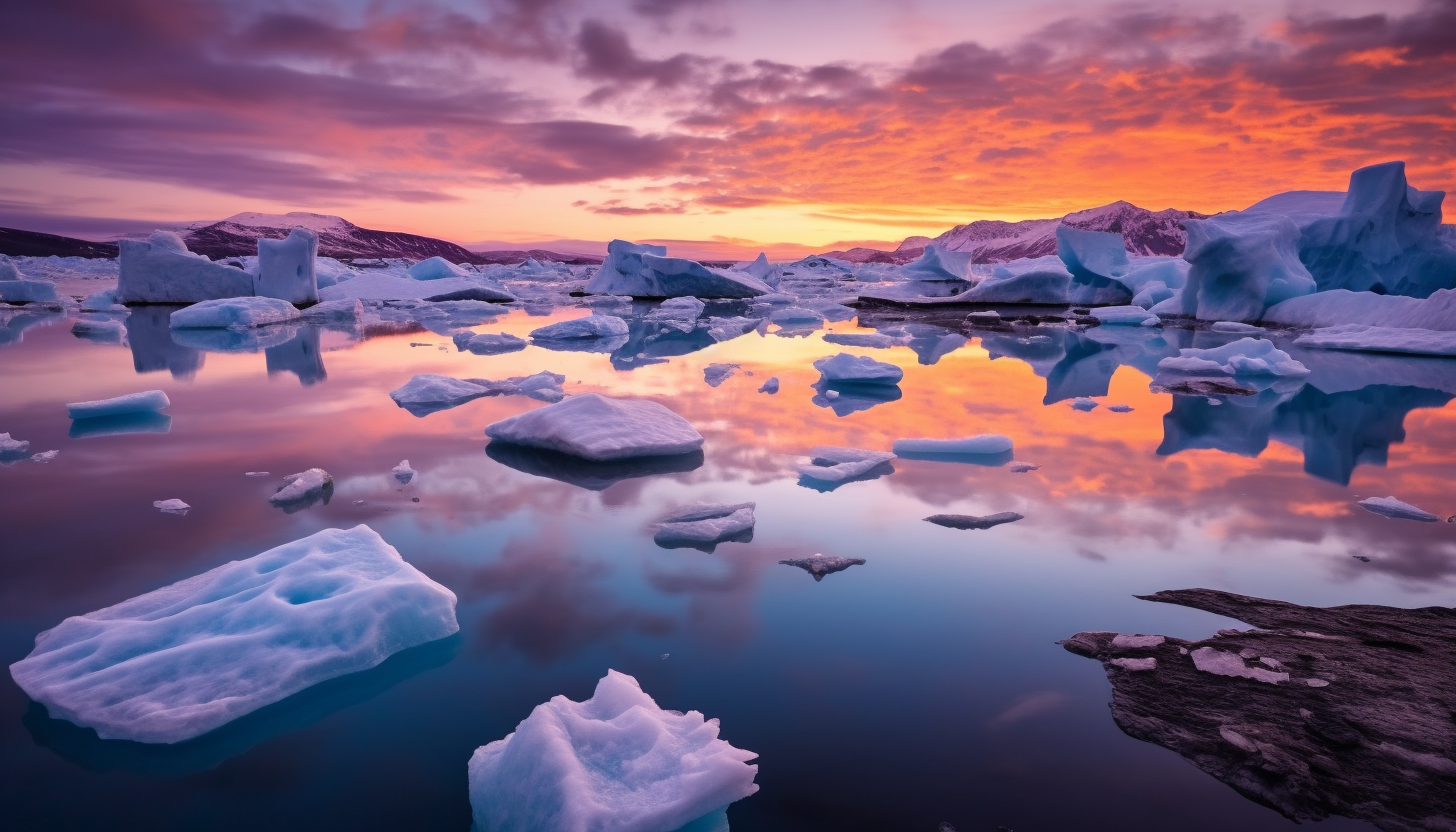 Icebergs floating in arctic waters under a twilight sky.