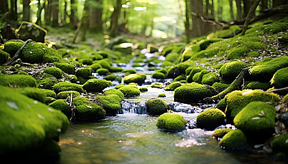 Moss-covered stones in a babbling brook in the heart of the forest.