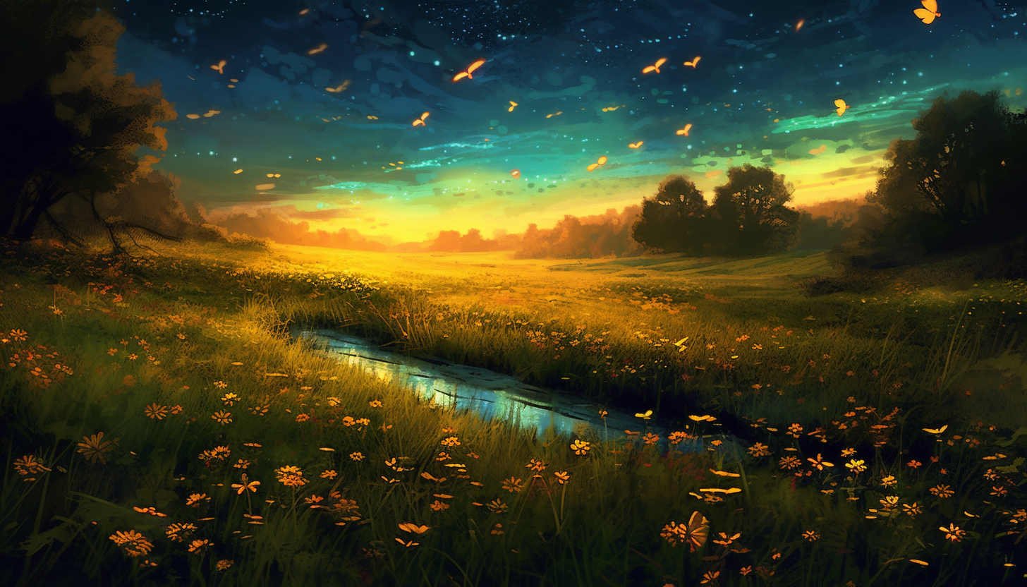 Fireflies glowing in a lush, summer meadow at dusk.