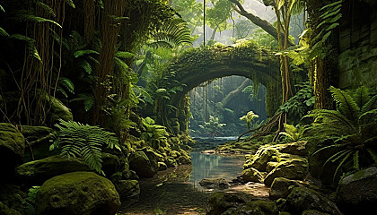 Lush fern grottos in a tropical rainforest.