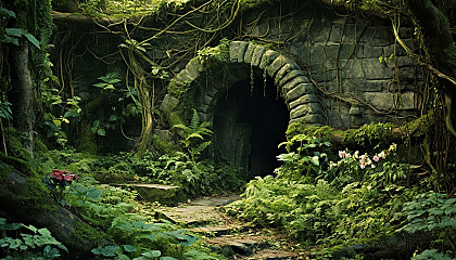 A mysterious cave entrance obscured by overgrown vines.