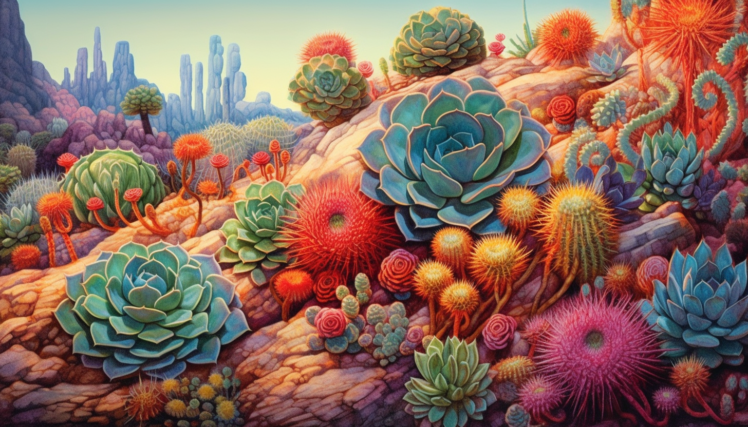 Vividly colored succulents in a desert landscape.