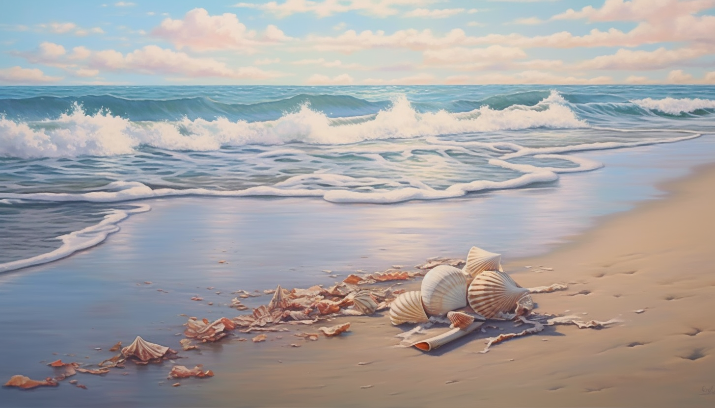 Gentle waves lapping at a sandy, seashell-strewn beach.