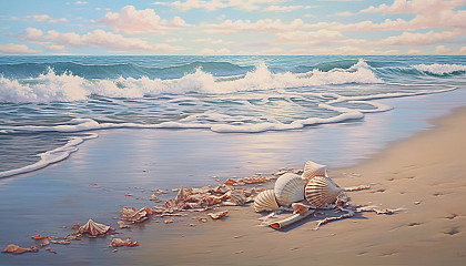 Gentle waves lapping at a sandy, seashell-strewn beach.