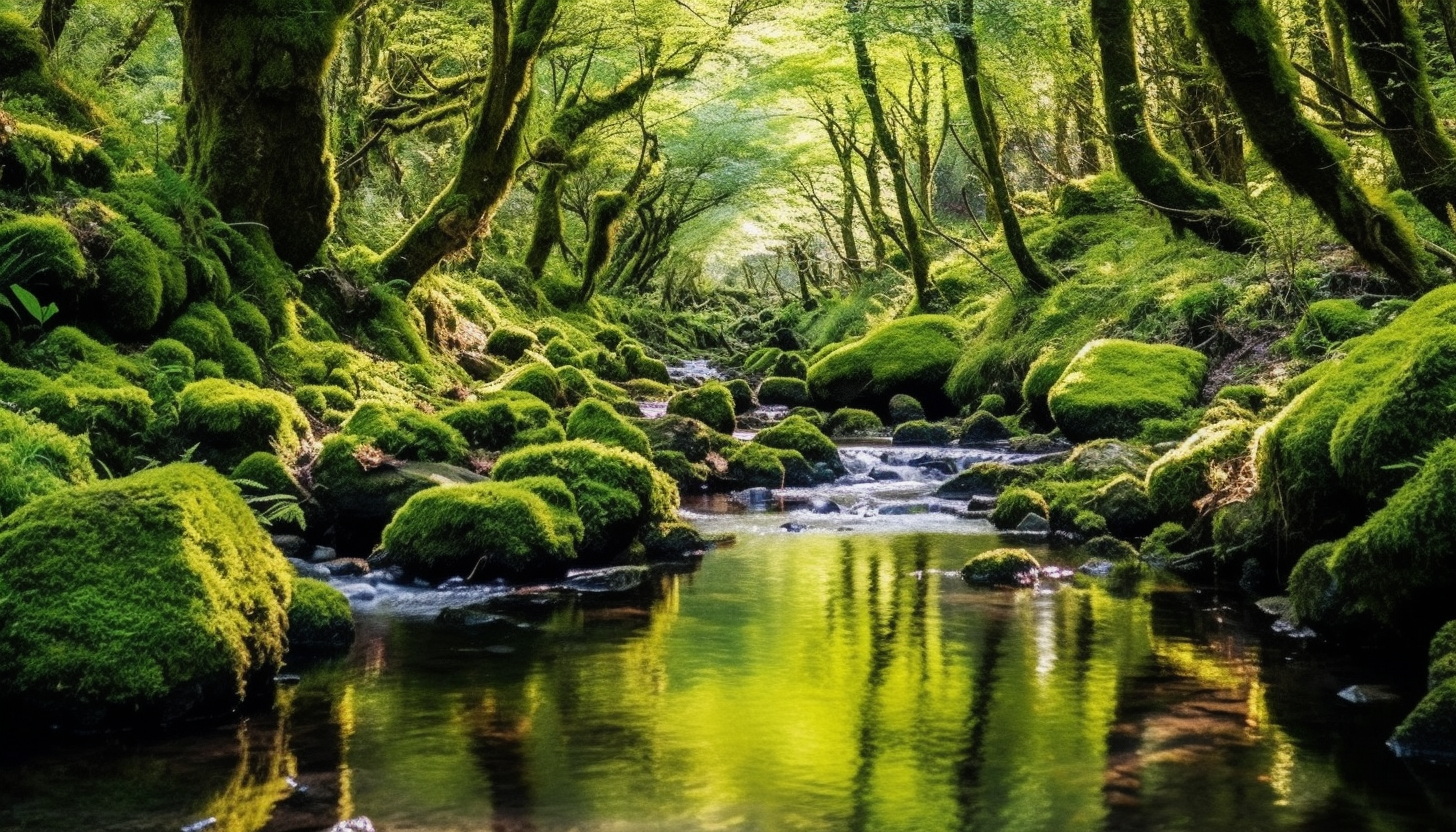 A peaceful brook winding through a mossy woodland.