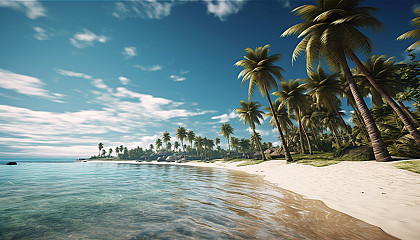 A secluded beach with pristine white sand and gently swaying palm trees.