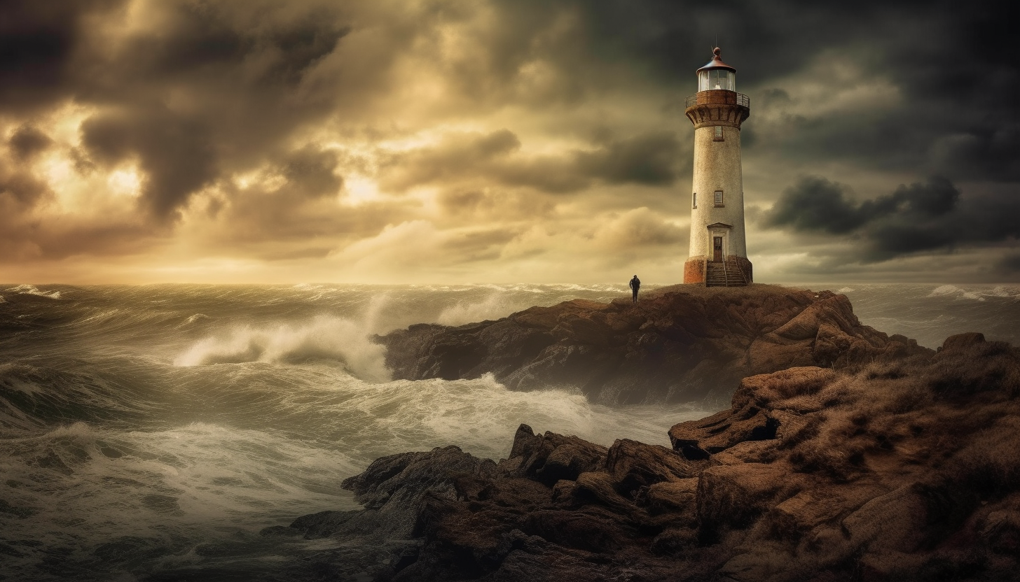 A solitary lighthouse standing against a dramatic sea and sky.