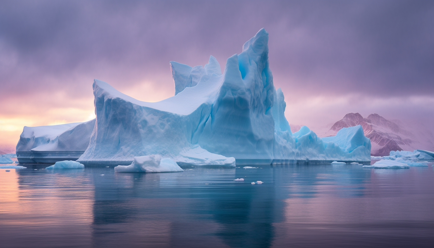 Towering icebergs floating in a chilly, Arctic sea.