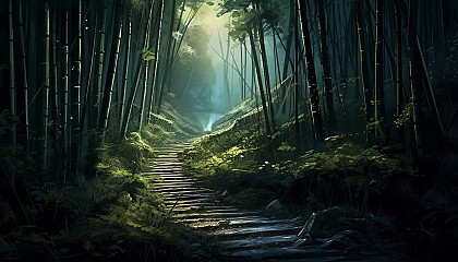 A moonlit path through a tranquil bamboo grove.